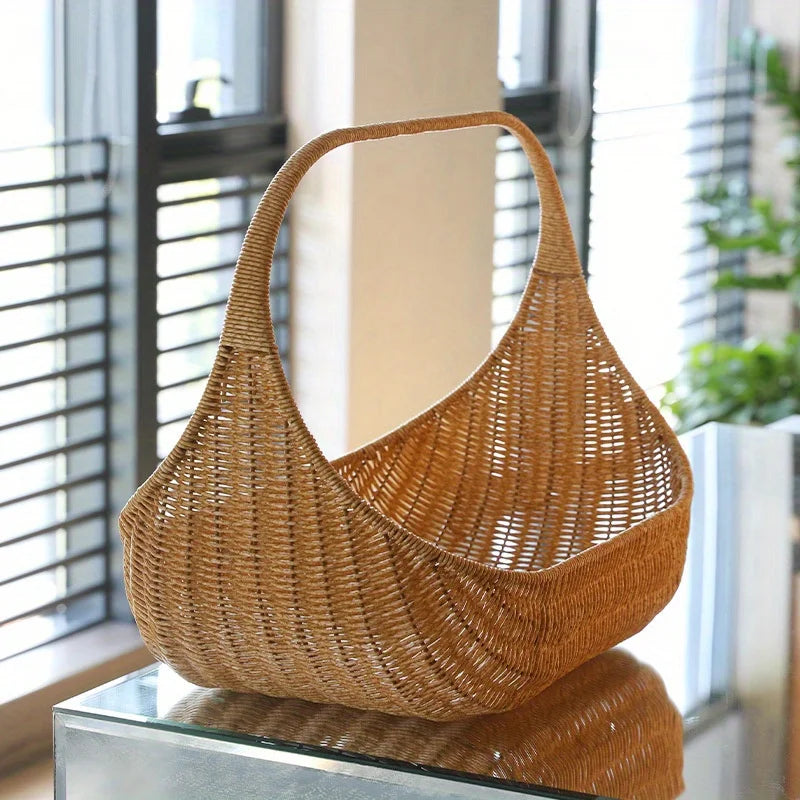 Rattan-Look Woven Basket with Handle, Trick-or-Treat Candy Basket, Picnic & Flower Basket, Natural Tan, 14.5in