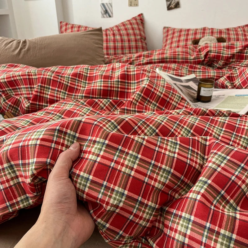 Double Sided Bedding Set with Sheet & Pillowcases, Reversible Plaid & Gingham Duvet Cover Set, 6 Designs, 6 Sizes