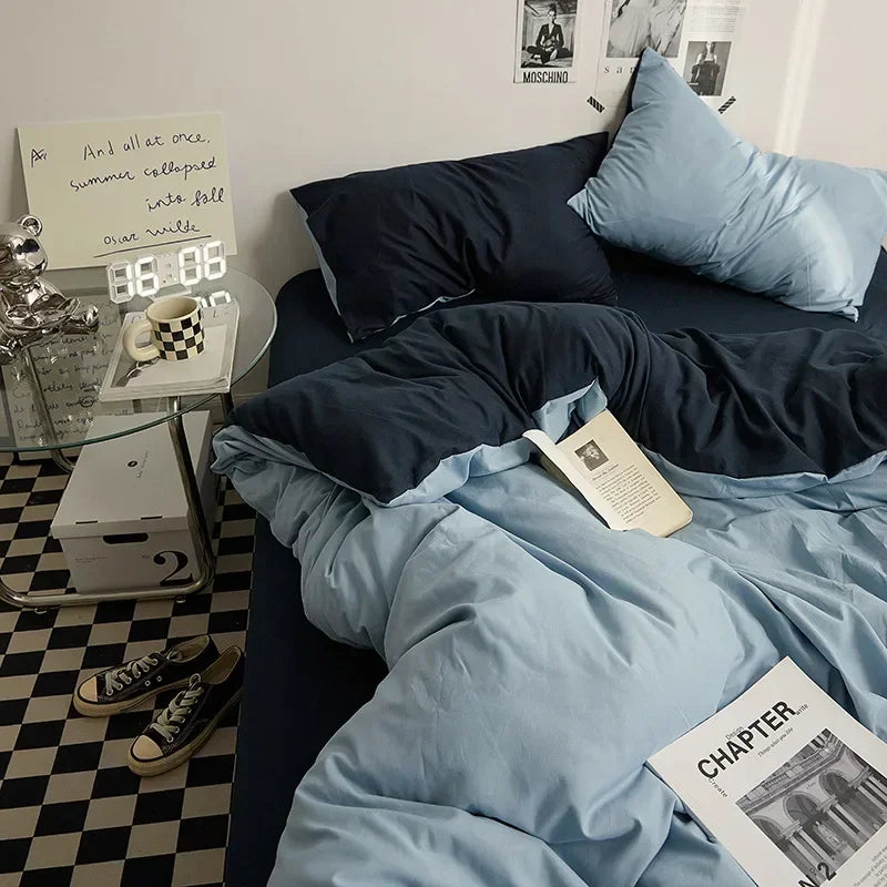 Washed Cotton Bedding Set of 4, Soft Duvet Cover, Sheet & Pillowcases, Solid Color, 14 Colors, 5 Sizes
