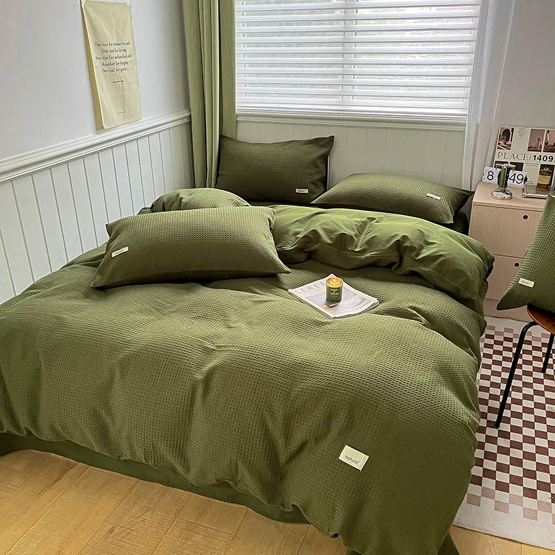 Waffle Weave Bedding Set of 4 with Duvet Cover, Flat Sheet & 2 Pillowcases, 100% Cotton, No Filling, 4 Colors, 2 Sizes