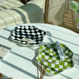 Checkered Ceramic Tray, Round Catchall Tray & Retro Serving Plate, 9.1in