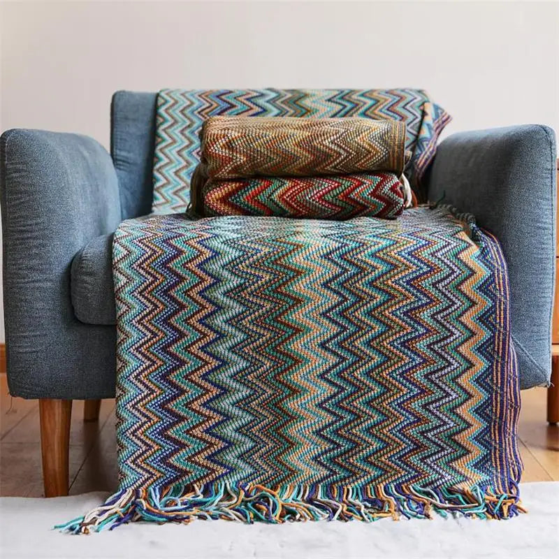 Hand Knitted Blanket with Tassels, Breathable Bohemian Sofa & Bed Throw, 100% Acrylic, 2 Sizes
