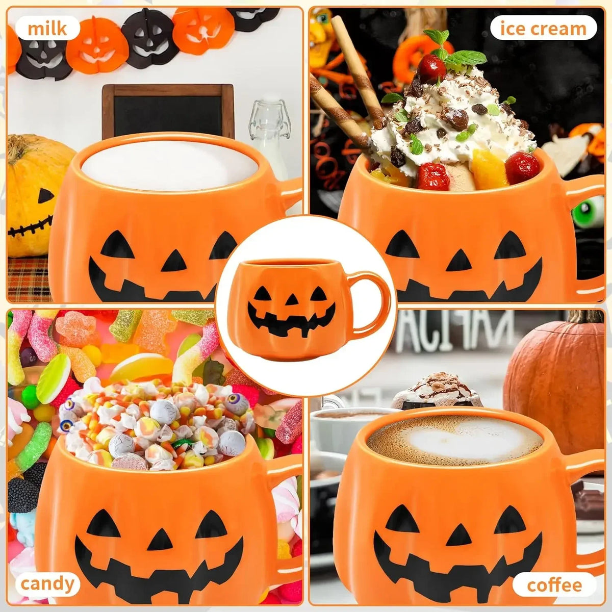 Pack of 3 Pumpkin Mugs, Ceramic Jack-o'-Lantern Coffee Cup for Halloween & Fall, Glossy Orange, Black or Gold Face, 13.5oz, 3.2in