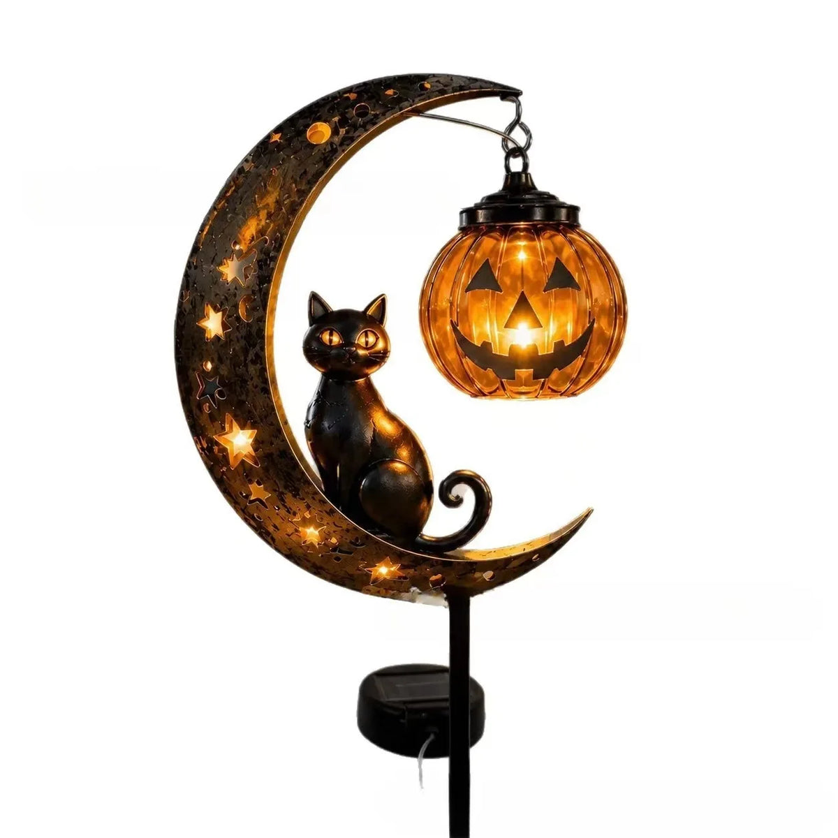 Solar Halloween Garden Stake Light, Black Cat & Crescent Moon with Pumpkin Lantern, Wrought Iron Yard Decor, 3 Styles, 33.5in