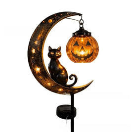 Solar Halloween Garden Stake Light, Black Cat & Crescent Moon with Pumpkin Lantern, Wrought Iron Yard Decor, 3 Styles, 33.5in