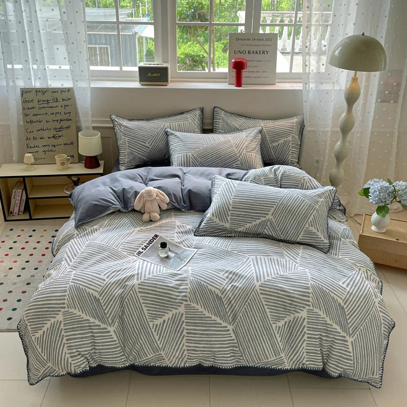 Washed Cotton Bedding Set of 4 with Duvet Cover, Flat Sheet & 2 Pillowcases, 100% Cotton, Brushed Finish, 12 Designs, 3 Sizes