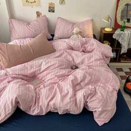 Double Sided Bedding Set with Sheet & Pillowcases, Reversible Plaid & Gingham Duvet Cover Set, 6 Designs, 6 Sizes