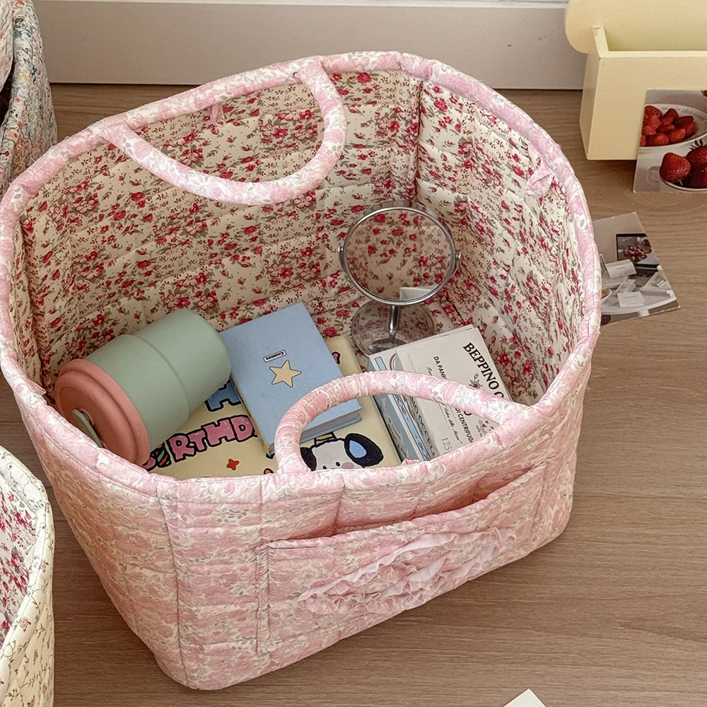 Quilted Cotton Storage Basket with Handles, Floral Tote Basket for Halloween Candy, Toys & Blankets, 9 Patterns, 12.6in
