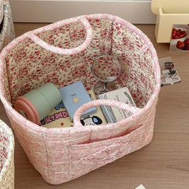 Quilted Cotton Storage Basket with Handles, Floral Tote Basket for Halloween Candy, Toys & Blankets, 9 Patterns, 12.6in