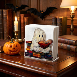 Pack of 6 Halloween Napkin Holder,s Printed Acrylic Ghost Design with Stained-Glass Look for Kitchen & Dining Table, 4 Designs, 4.7in
