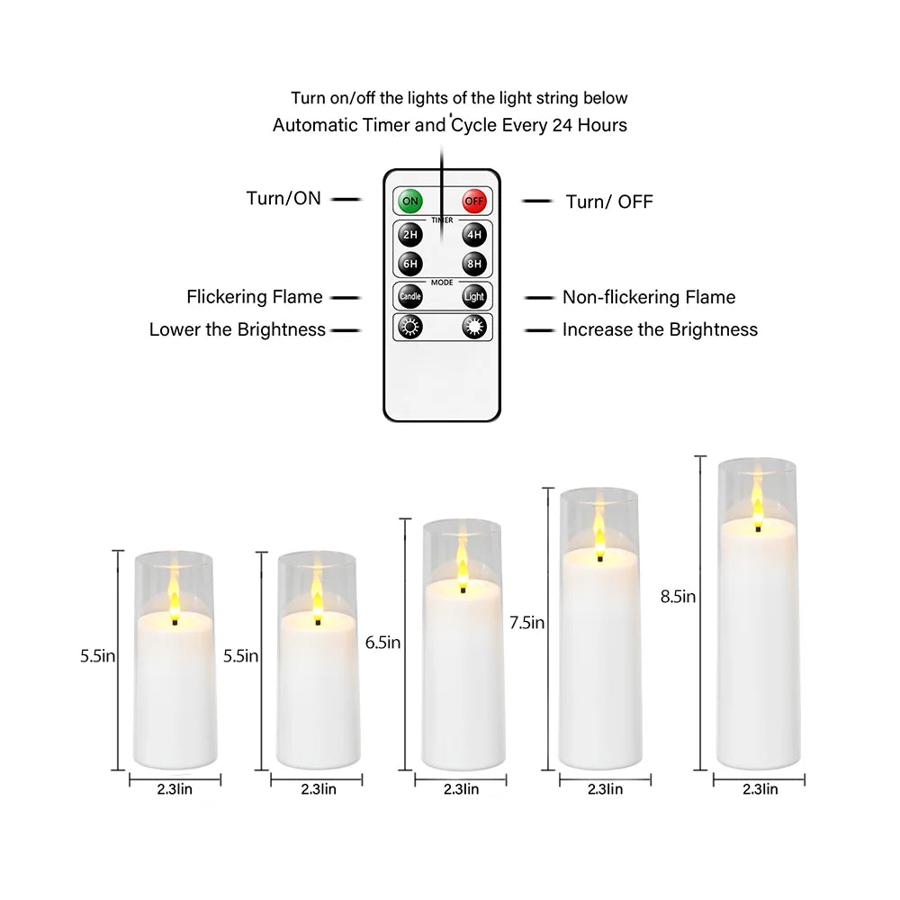 Flameless Candles with Remote, White LED Pillar Candles in Clear Acrylic Shells, Flickering, Battery Operated, Set of 5, 5.5-8.5in