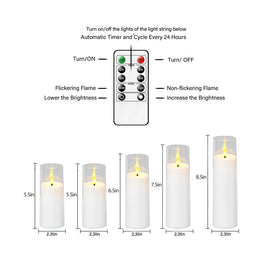 Flameless Candles with Remote, White LED Pillar Candles in Clear Acrylic Shells, Flickering, Battery Operated, Set of 5, 5.5-8.5in