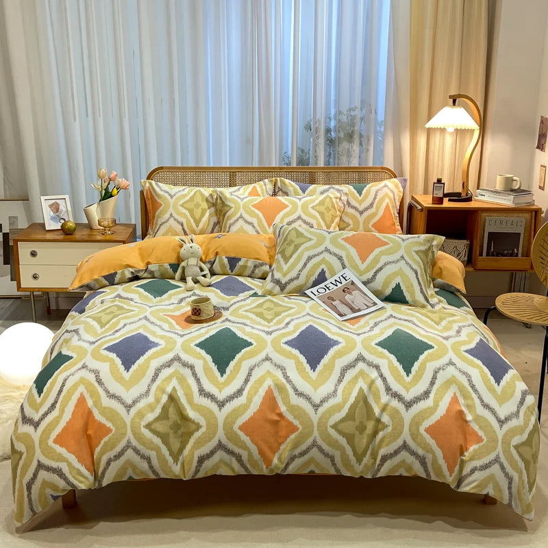Retro Print Bedding Set of 4 with Duvet Cover, Flat Sheet & 2 Pillowcases, 100% Cotton, Brushed Finish, 23 Designs, 2 Sizes
