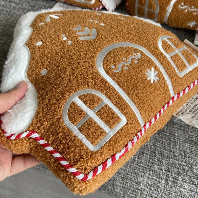 Gingerbread Pillow, House Shaped Christmas Throw Pillow, Embroidered, 12in