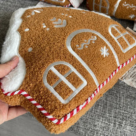 Gingerbread Pillow, House Shaped Christmas Throw Pillow, Embroidered, 12in
