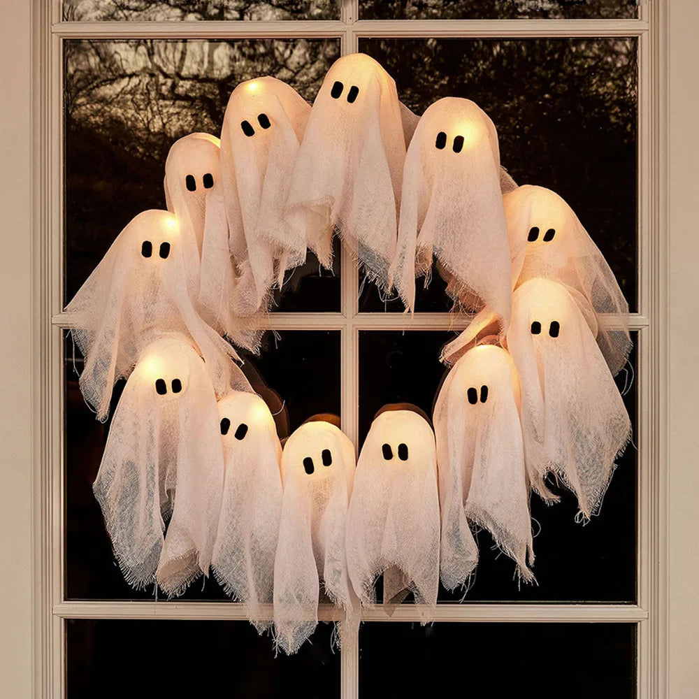 Pack of 3 Light Up Ghost Wreaths, Halloween Front Door Wreath with 12 LED Lights, Battery Operated Spooky Door Decor, 15.7in