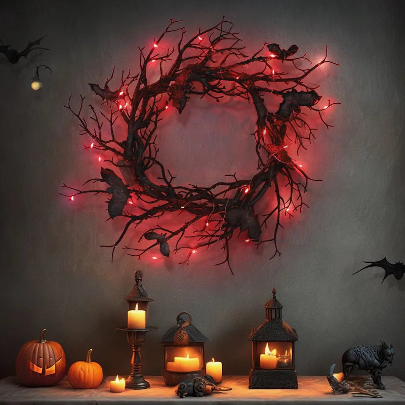 Pack of 4 Halloween Bat Wreaths with LED Lights, Black Branch Front Door Wreath with Bats, Battery Operated, 16.5in