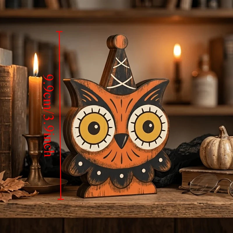 Vintage Halloween Wooden Shelf Sitters, Painted Ghost, Pumpkin, Black Cat, Owl & Skeleton Figures, Set of 6, 4in