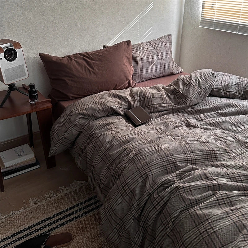 Japanese Style Plaid Duvet Cover Set with 2 Pillowcases, 100% Cotton Bedding, 200 Thread Count, No Filling, 3 Colors, 3 Sizes
