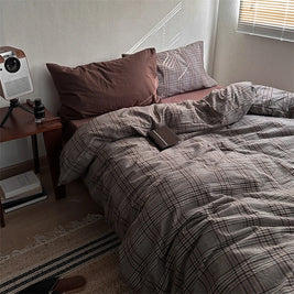 Japanese Style Plaid Duvet Cover Set with 2 Pillowcases, 100% Cotton Bedding, 200 Thread Count, No Filling, 3 Colors, 3 Sizes