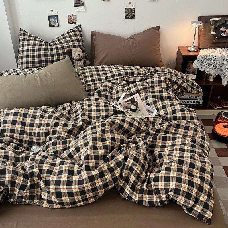 Double Sided Bedding Set with Sheet & Pillowcases, Reversible Plaid & Gingham Duvet Cover Set, 6 Designs, 6 Sizes
