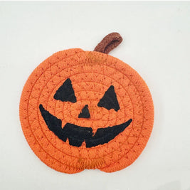 Halloween Coasters, Handwoven Cotton Pumpkin Coasters with Jack-o'-Lantern Faces, Absorbent Drink Coasters, Set of 8