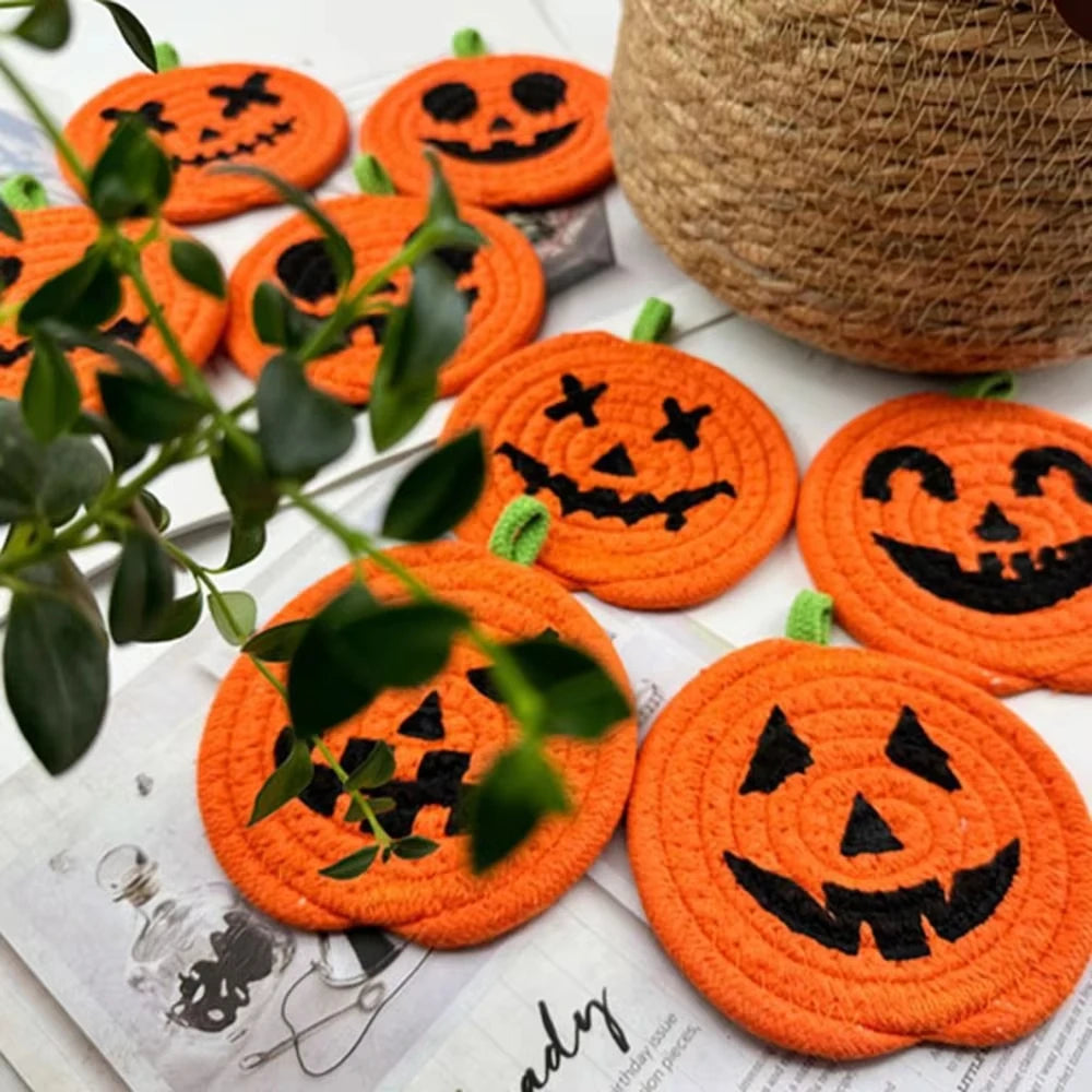 Halloween Coasters, Handwoven Cotton Pumpkin Coasters with Jack-o'-Lantern Faces, Absorbent Drink Coasters, Set of 8