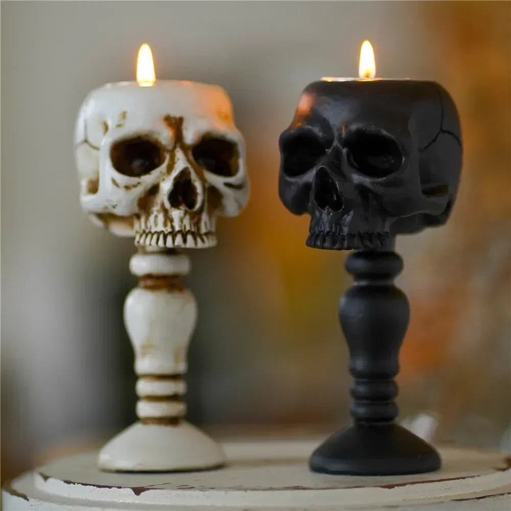 Pack of 3 Resin Skull Candle Holder, Halloween Candlestick for Mantel & Dining Table, Gothic Pedestal, Black or Bone White, 5.9in