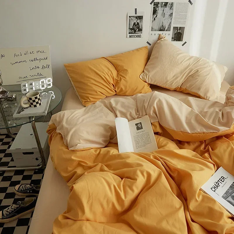 Washed Cotton Bedding Set of 4, Soft Duvet Cover, Sheet & Pillowcases, Solid Color, 14 Colors, 5 Sizes