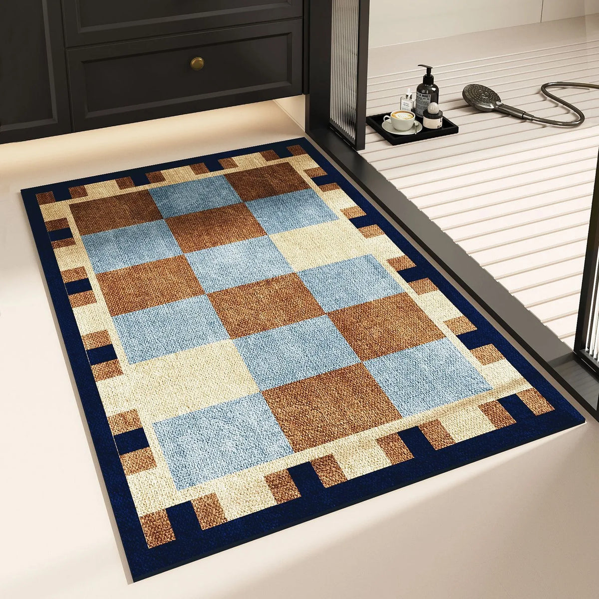 Checkerboard Bath Mat in Geometric Check, Minimalist Bathroom & Entryway Mat, Non Slip Absorbent, 8 Colors, 16x24in