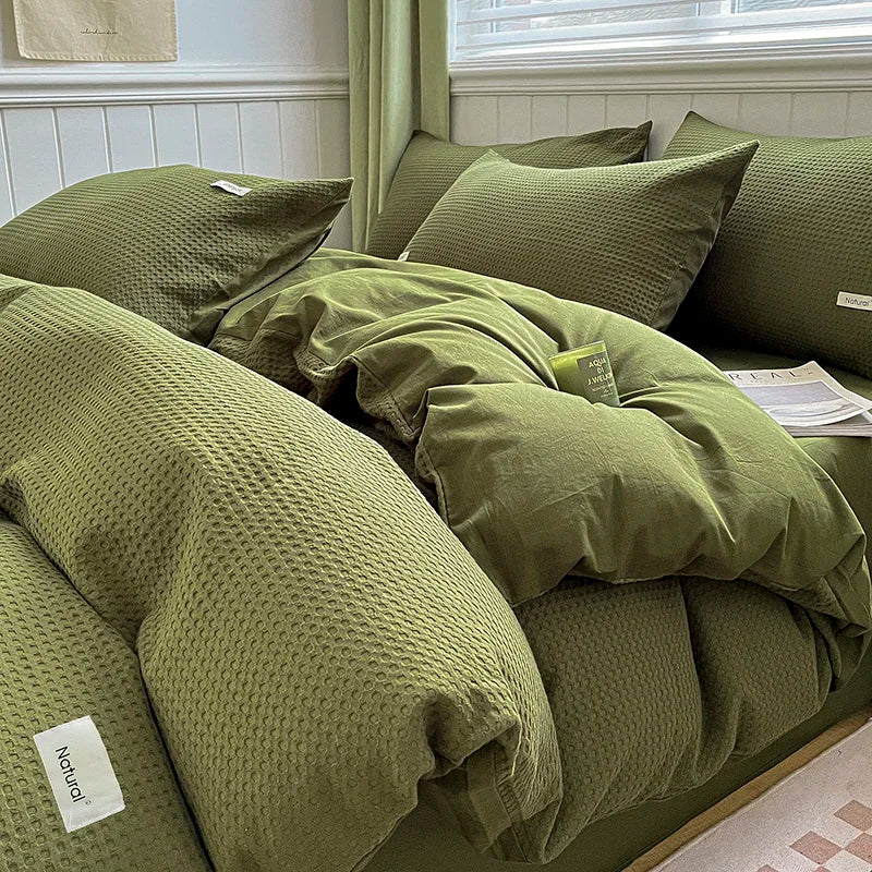 Waffle Weave Bedding Set of 4 with Duvet Cover, Flat Sheet & 2 Pillowcases, 100% Cotton, No Filling, 4 Colors, 2 Sizes