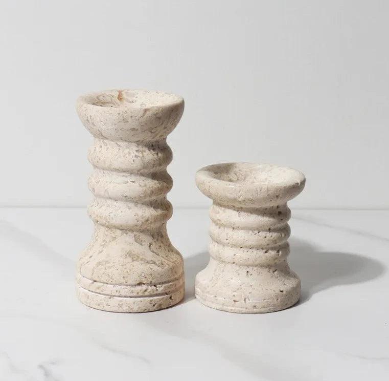 Travertine Candle Holders Set of 2, Ribbed Stone Candlesticks, 2.8 & 4.3in