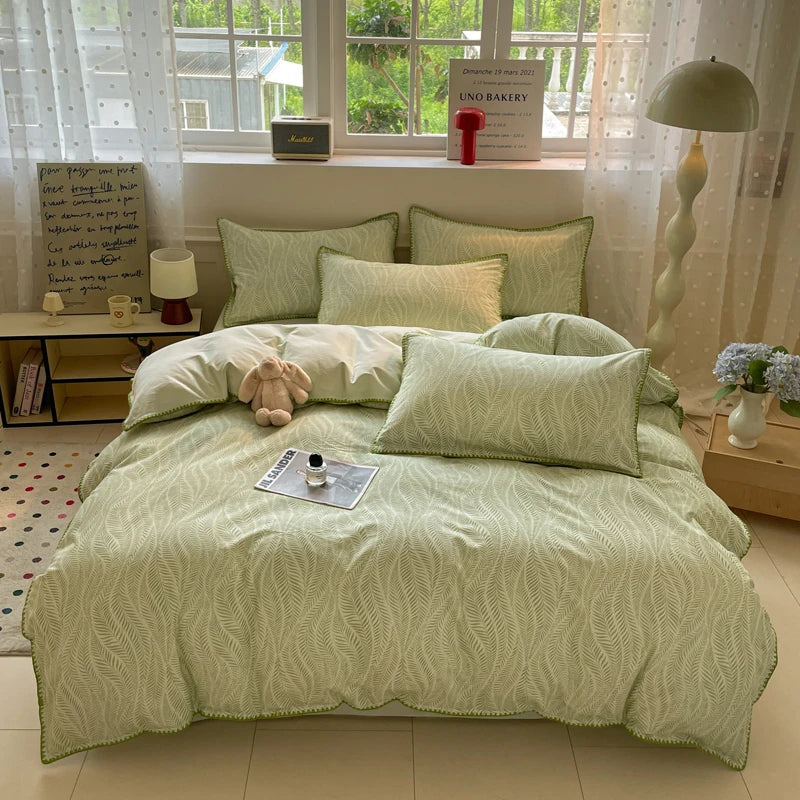 Washed Cotton Bedding Set of 4 with Duvet Cover, Flat Sheet & 2 Pillowcases, 100% Cotton, Brushed Finish, 12 Designs, 3 Sizes