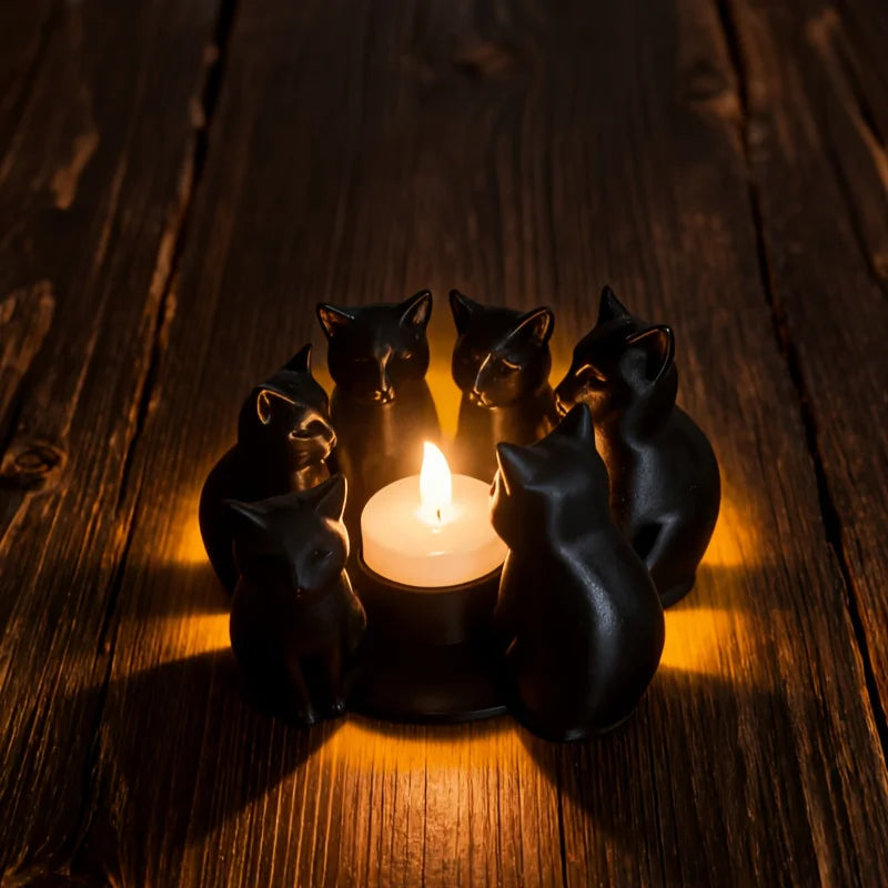 Pack of 3 Black Cat Tealight Holders, Halloween Candle Holder & Table Centerpiece, Ring of Sitting Cats, Matte Black, 5in