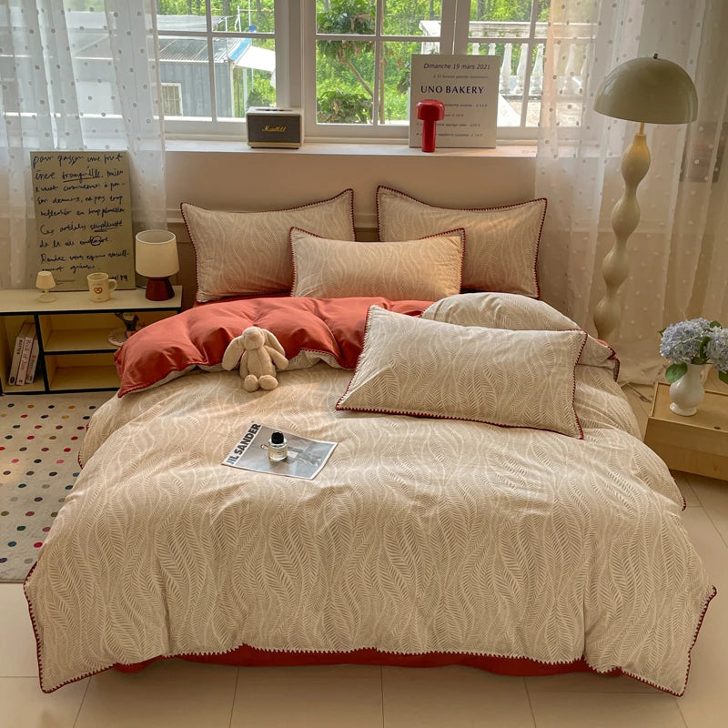 Washed Cotton Bedding Set of 4 with Duvet Cover, Flat Sheet & 2 Pillowcases, 100% Cotton, Brushed Finish, 12 Designs, 3 Sizes