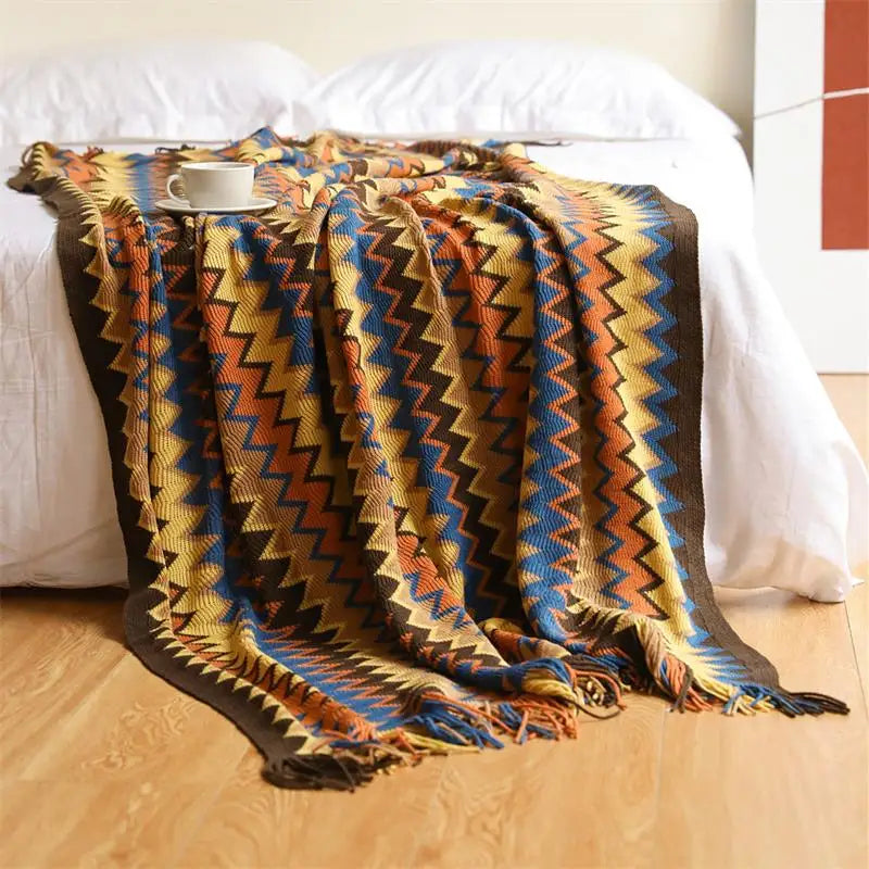 Hand Knitted Blanket with Tassels, Breathable Bohemian Sofa & Bed Throw, 100% Acrylic, 2 Sizes