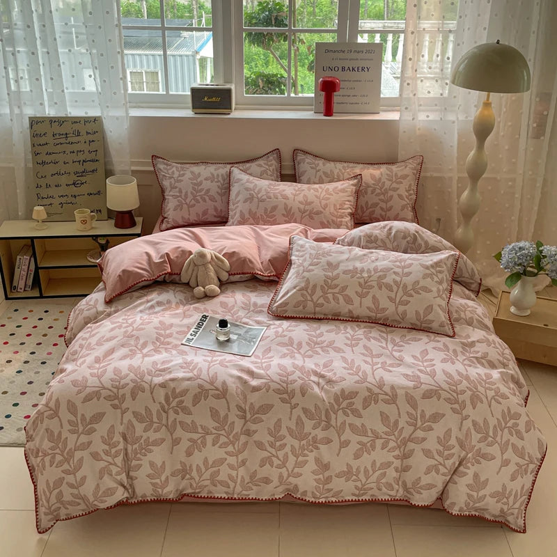 Washed Cotton Bedding Set of 4 with Duvet Cover, Flat Sheet & 2 Pillowcases, 100% Cotton, Brushed Finish, 12 Designs, 3 Sizes