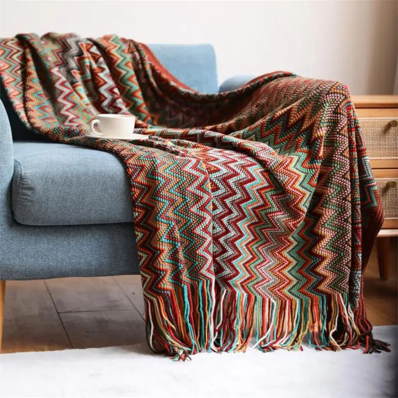 Hand Knitted Blanket with Tassels, Breathable Bohemian Sofa & Bed Throw, 100% Acrylic, 2 Sizes