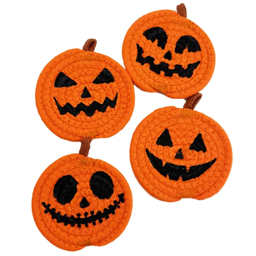 Halloween Coasters, Handwoven Cotton Pumpkin Coasters with Jack-o'-Lantern Faces, Absorbent Drink Coasters, Set of 8