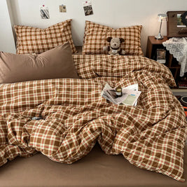 Double Sided Bedding Set with Sheet & Pillowcases, Reversible Plaid & Gingham Duvet Cover Set, 6 Designs, 6 Sizes