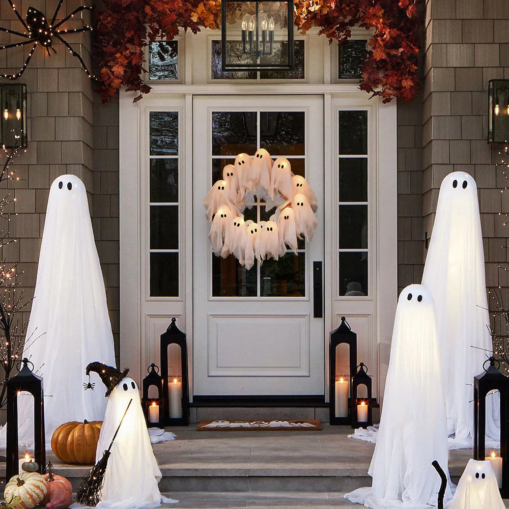 Pack of 3 Light Up Ghost Wreaths, Halloween Front Door Wreath with 12 LED Lights, Battery Operated Spooky Door Decor, 15.7in