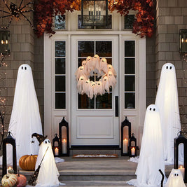 Pack of 3 Light Up Ghost Wreaths, Halloween Front Door Wreath with 12 LED Lights, Battery Operated Spooky Door Decor, 15.7in
