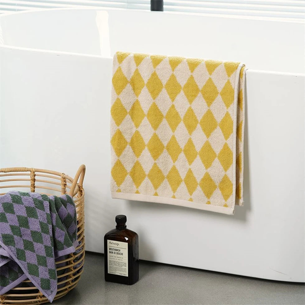 Checkered Jacquard Cotton Towel, Soft Absorbent Hand & Hair Towel, Yarn Dyed Pure Cotton, 2 Colors, 14x30in