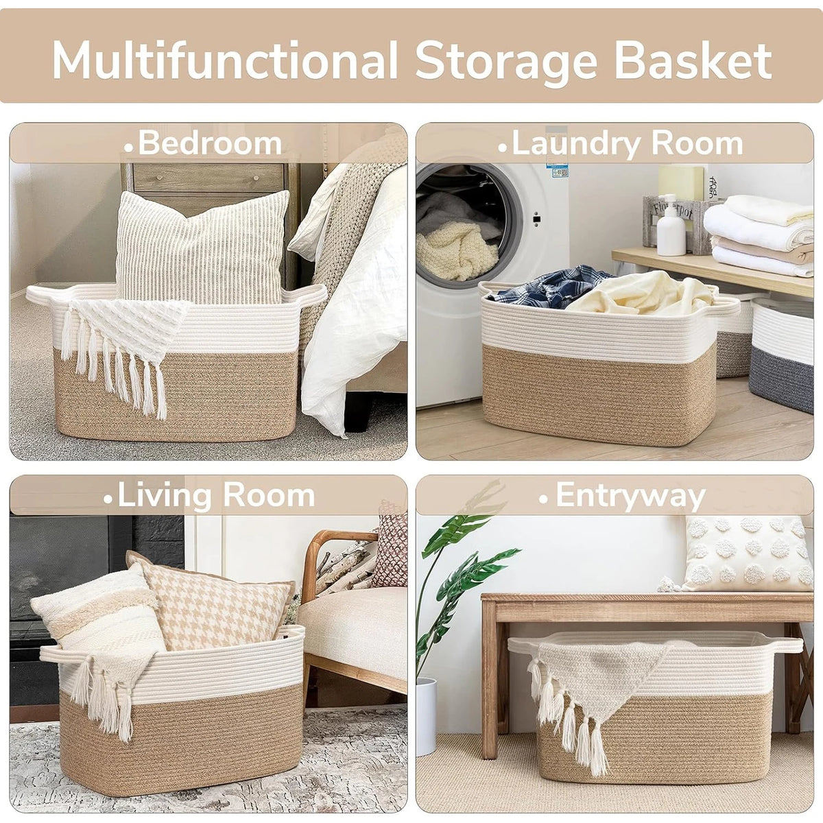 Large Woven Rope Storage Basket with Handles, Laundry, Blanket & Toy Basket, Halloween Candy Bin, 6 Colors, 19 x 13.4in