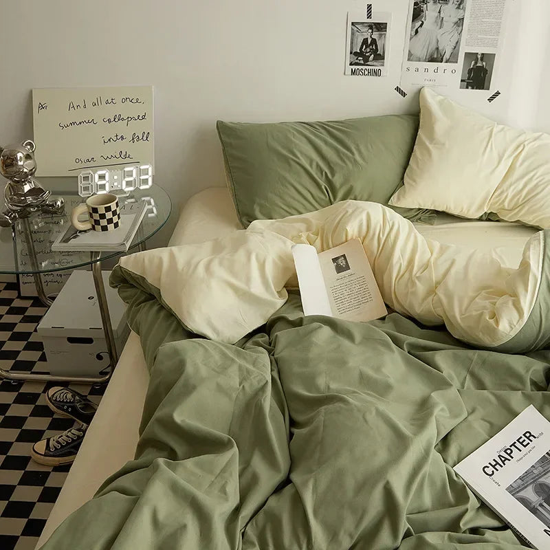 Washed Cotton Bedding Set of 4, Soft Duvet Cover, Sheet & Pillowcases, Solid Color, 14 Colors, 5 Sizes