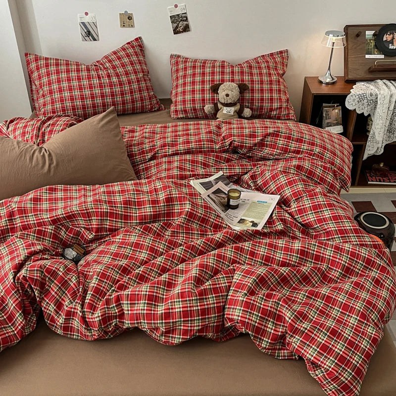 Double Sided Bedding Set with Sheet & Pillowcases, Reversible Plaid & Gingham Duvet Cover Set, 6 Designs, 6 Sizes