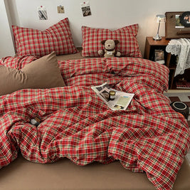 Double Sided Bedding Set with Sheet & Pillowcases, Reversible Plaid & Gingham Duvet Cover Set, 6 Designs, 6 Sizes