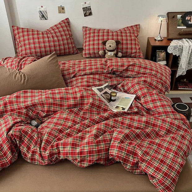 Double Sided Bedding Set with Sheet & Pillowcases, Reversible Plaid & Gingham Duvet Cover Set, 6 Designs, 6 Sizes