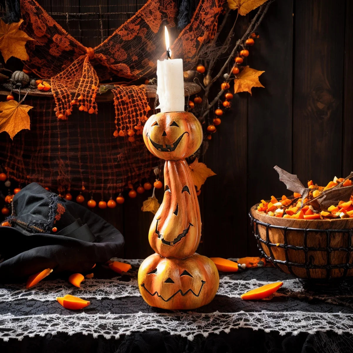 Pack of 5 Stacked Pumpkin Candlestick, Halloween Taper Candle Holder for Mantel & Table, Jack-o'-Lantern Faces, Resin, 6.9in