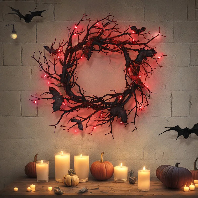 Pack of 4 Halloween Bat Wreaths with LED Lights, Black Branch Front Door Wreath with Bats, Battery Operated, 16.5in